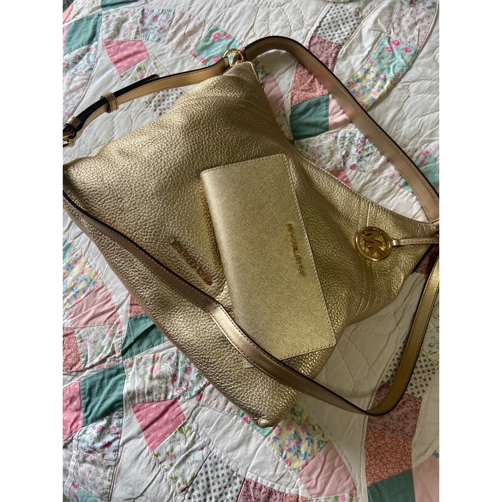 Michael Kors Gold Pebbled Leather Hobo Bag and Wallet Set Crossbody Shoulder Bag